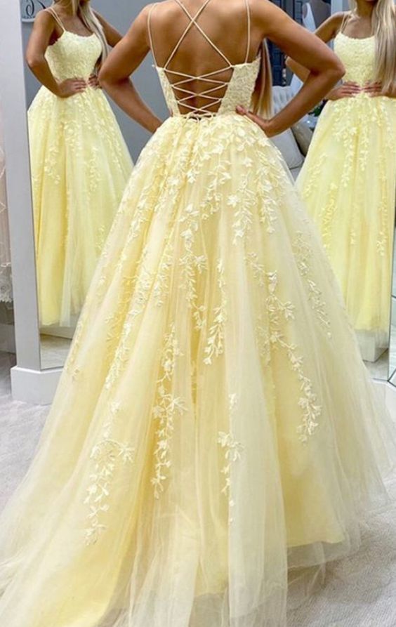 Hot Yellow tulle lace long prom dress party dress