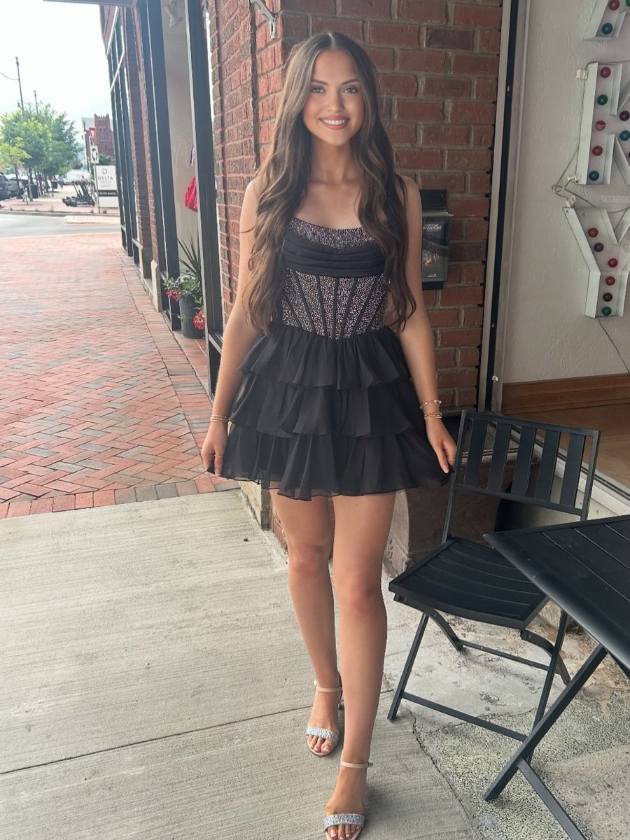 Black - Strapless A Line Chiffon Beaded Mini Party Dresses With Ruffles