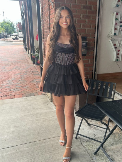 Black - Strapless A Line Chiffon Beaded Mini Party Dresses With Ruffles