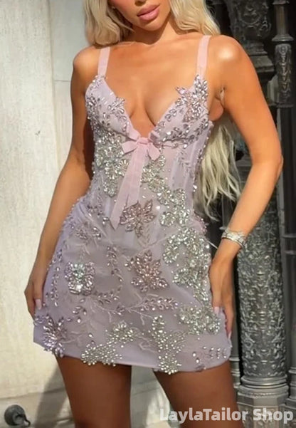 Sexy Pink Beaded Bodycon Homecoming Dress Mini Formal Gown