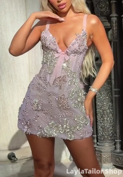 Sexy Pink Beaded Bodycon Homecoming Dress Mini Formal Gown