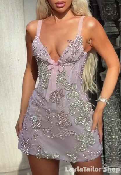 Sexy Pink Beaded Bodycon Homecoming Dress Mini Formal Gown