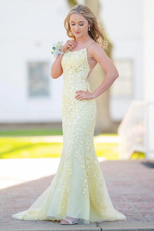 Pastel Yellow Mermaid Lace Evening Prom Dress