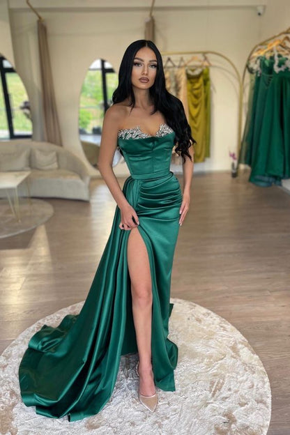 Green Beaded Sweetheart Prom Dresses