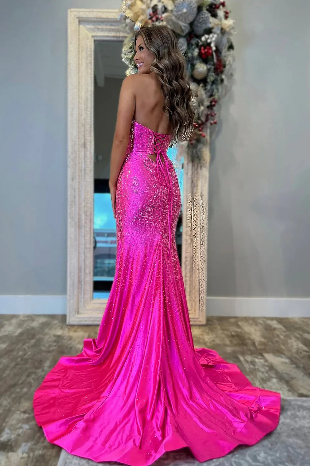 Cute Mermaid Sweetheart Pink Slit Prom Dress with Beading