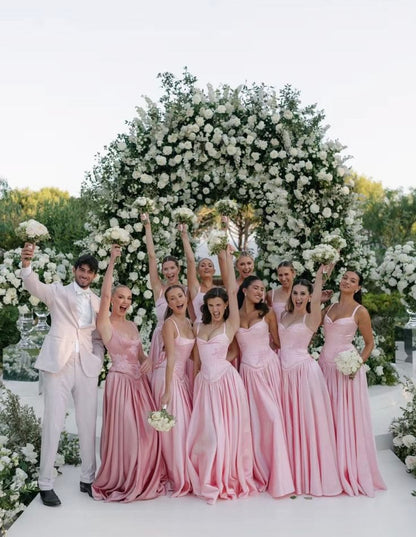 Pink Retro Elegant A-Line Spaghetti Strap Satin Long Evening Dress Birthday Party Dress Bridesmaid Dress,LTP3635