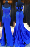 LTP1738,Beaded Mermaid Royal Blue Slit Long Prom Dress