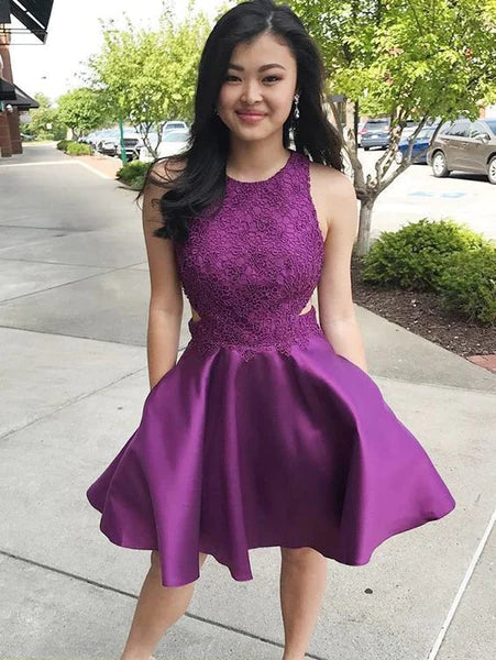 LTP1772,Purple O-Neck Homecoming Dress, A-Line Graduation Dress