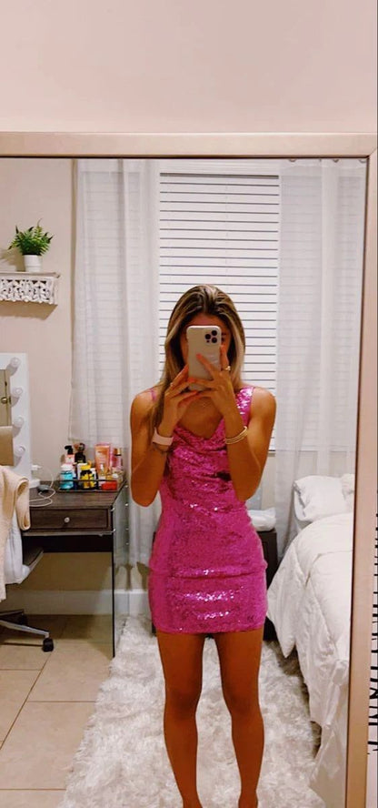 LTP1889,Hot Pink Sequined Homecoming Dresses, Tight Mini School Dance Dress