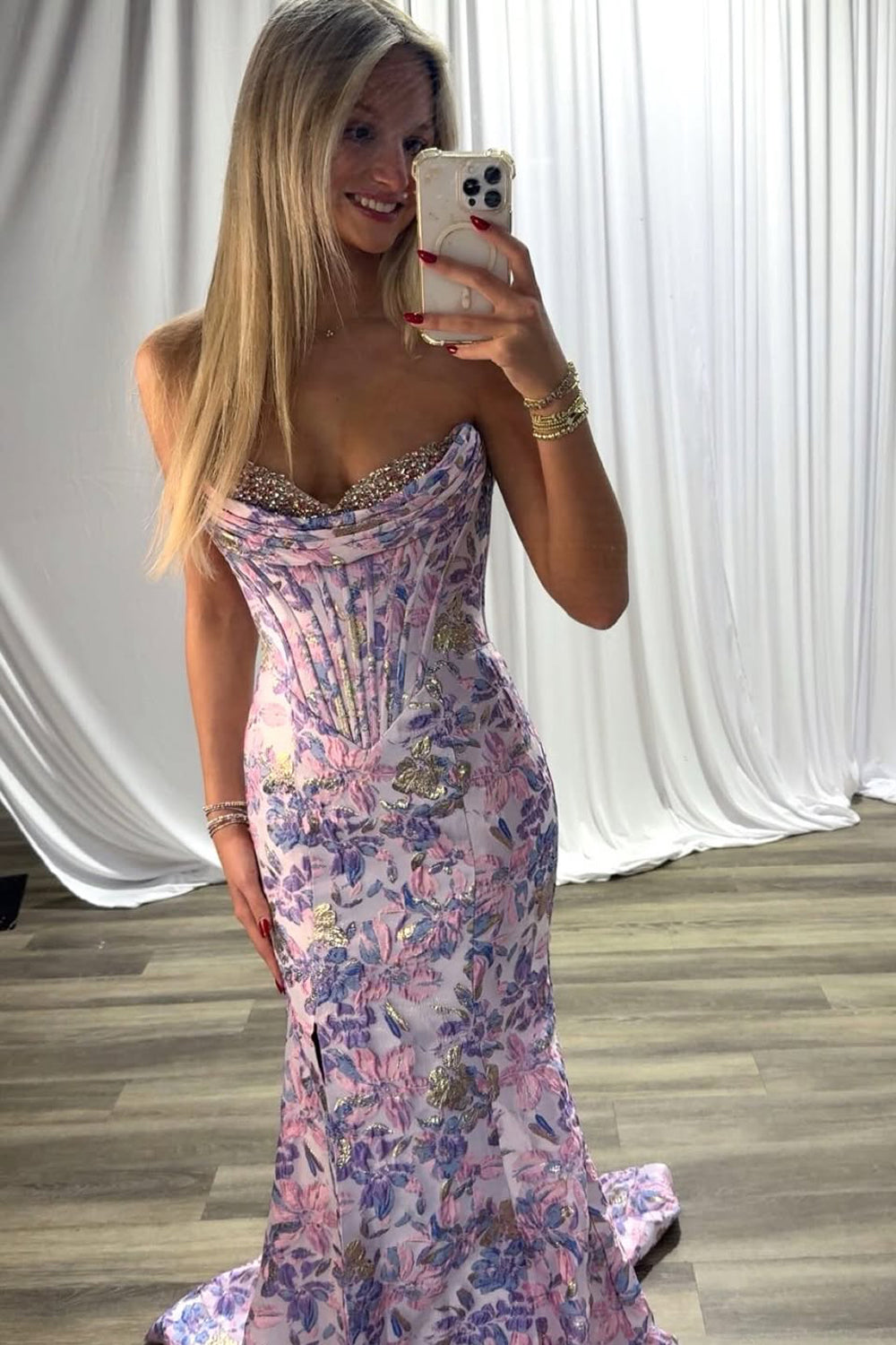 Cute Mermaid Lavender Jacquard Satin Prom Dress with Beading0
