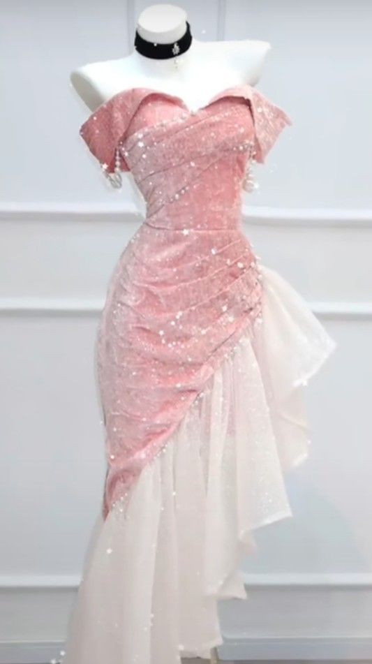 Super Sweet Bodycon Party Dress Off The Shoulder Irregular Pink Glitter Prom Dresses,LTP4348