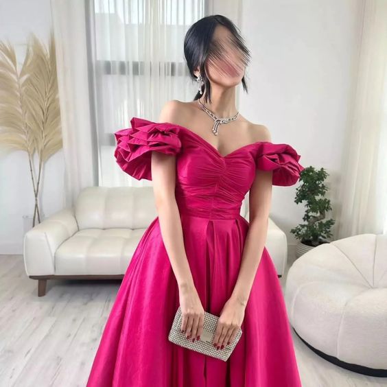 Off The Shoulder A-Line Hot Pink Evening Prom Dress