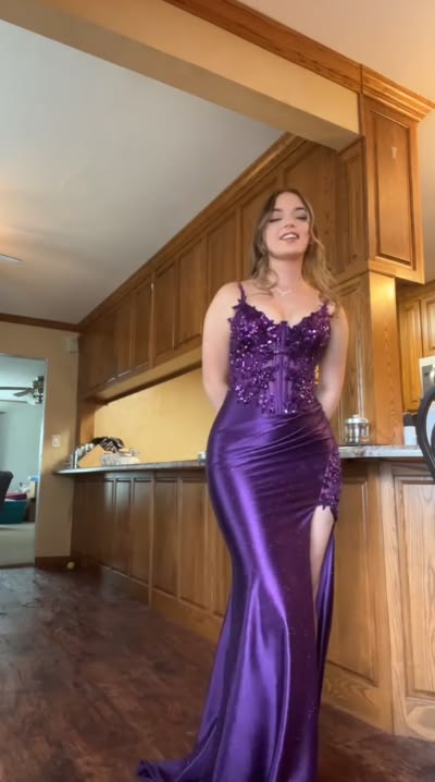 Purple V-Neck Appliques Lace Party Dress With Side Slit,LTP4518