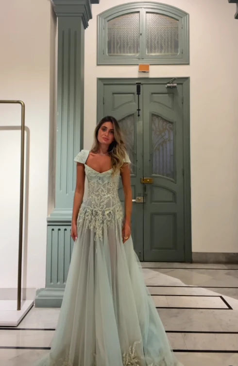 Tiffany Blue A Line Exquisite Beaded Tulle Prom Dress Wedding Guest Dress,LTP3686