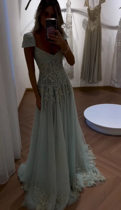 Tiffany Blue A Line Exquisite Beaded Tulle Prom Dress Wedding Guest Dress,LTP3686