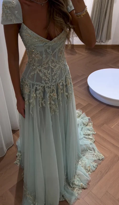 Tiffany Blue A Line Exquisite Beaded Tulle Prom Dress Wedding Guest Dress,LTP3686