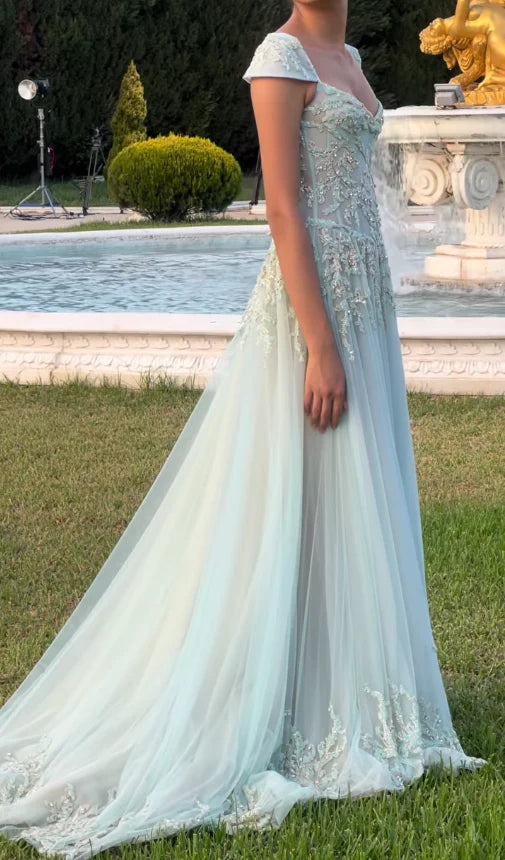 Tiffany Blue A Line Exquisite Beaded Tulle Prom Dress Wedding Guest Dress,LTP3686