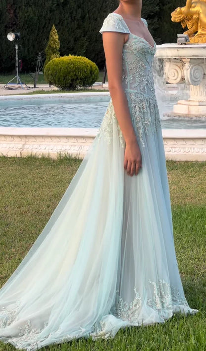 Tiffany Blue A Line Exquisite Beaded Tulle Prom Dress Wedding Guest Dress,LTP3686