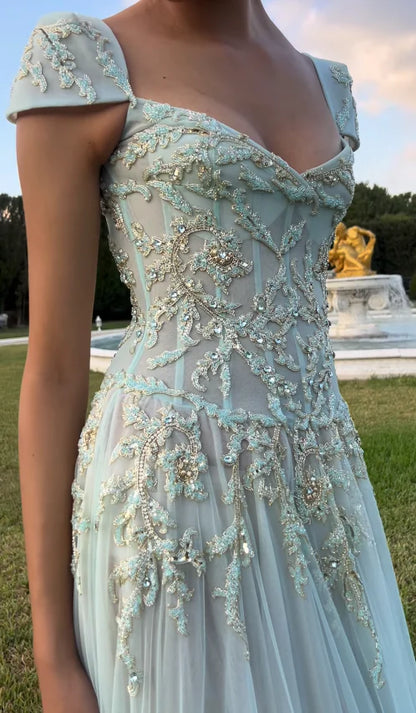Tiffany Blue A Line Exquisite Beaded Tulle Prom Dress Wedding Guest Dress,LTP3686