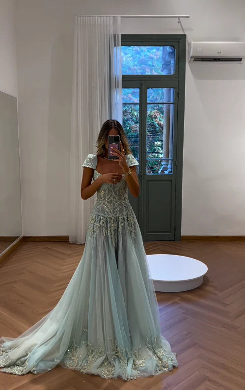 Tiffany Blue A Line Exquisite Beaded Tulle Prom Dress Wedding Guest Dress,LTP3686