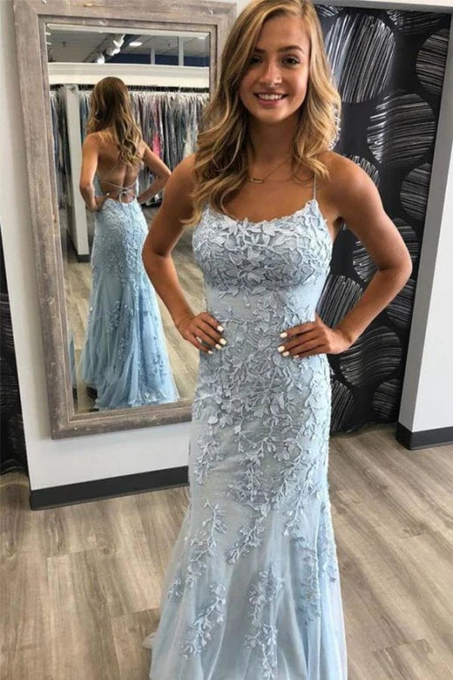 Baby Blue Lace Bodycon Lace Up Back Prom Dress