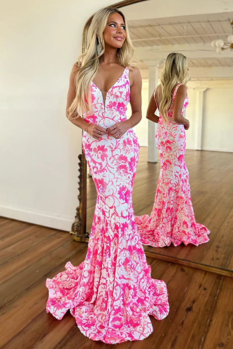 Cute Mermaid V Neck Sequins Lace Long Prom Dresses