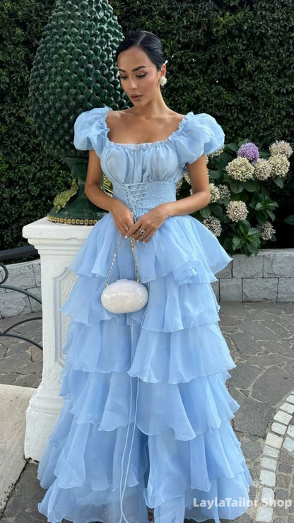 Sky Blue Ruffle Prom Dresses Vintage Formal Party Dress,LTP3694