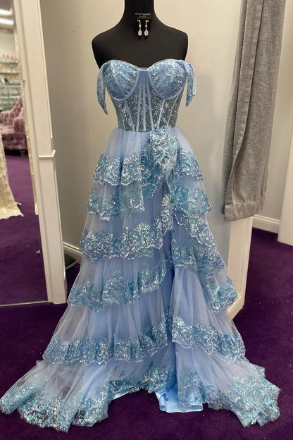 Off the Shoulder Blue Sequin Tulle Ruffles Gown