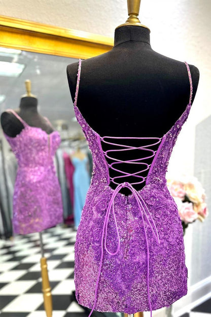Purple Applique Beaded Spaghetti Straps Homecoming Dress