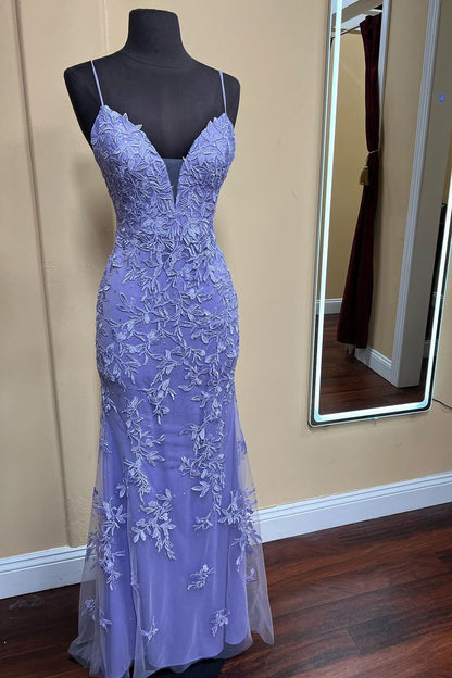 Spaghetti Straps Lilac Appliques Mermaid Evening Prom Dress