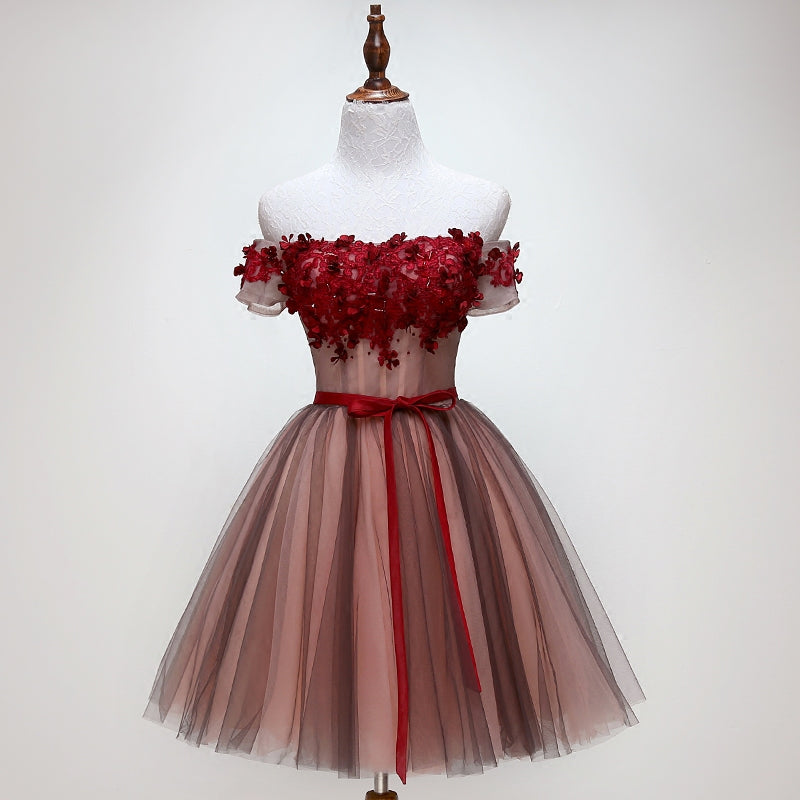 Beautiful Off Shoulder Tulle Knee Length Party Dress , Red Homecoming Dress With Applique