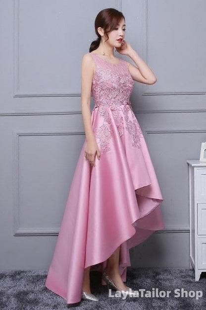 Beautiful Pink High Low Satin And Lace Homecoming Dress, Cute Short Prom Dress