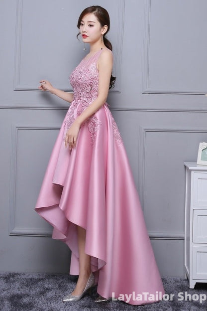 Beautiful Pink High Low Satin And Lace Homecoming Dress, Cute Short Prom Dress