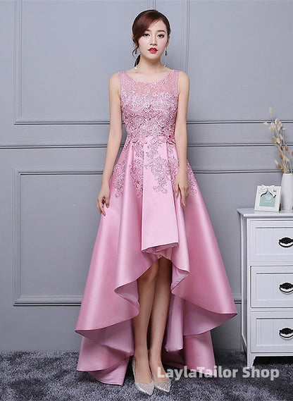 Beautiful Pink High Low Satin And Lace Homecoming Dress, Cute Short Prom Dress