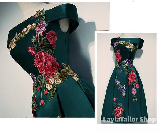 Beautiful Satin Short Flower Off Shoulder Bridesmaid Dress, Cute Homecoming Dress