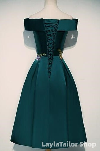 Beautiful Satin Short Flower Off Shoulder Bridesmaid Dress, Cute Homecoming Dress