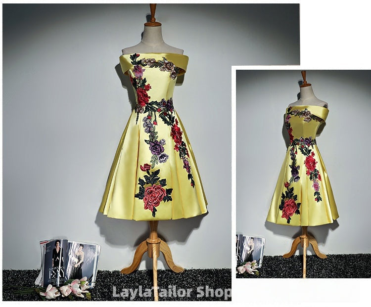 Beautiful Satin Short Flower Off Shoulder Bridesmaid Dress, Cute Homecoming Dress