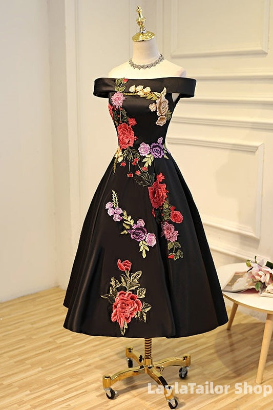 Beautiful Satin Short Flower Off Shoulder Bridesmaid Dress, Cute Homecoming Dress