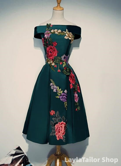 Beautiful Satin Short Flower Off Shoulder Bridesmaid Dress, Cute Homecoming Dress