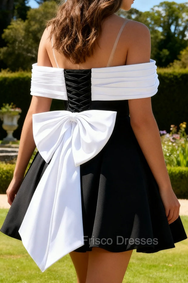 Black A-Line Off The Shoulder Short Homecoming Dress with Bow