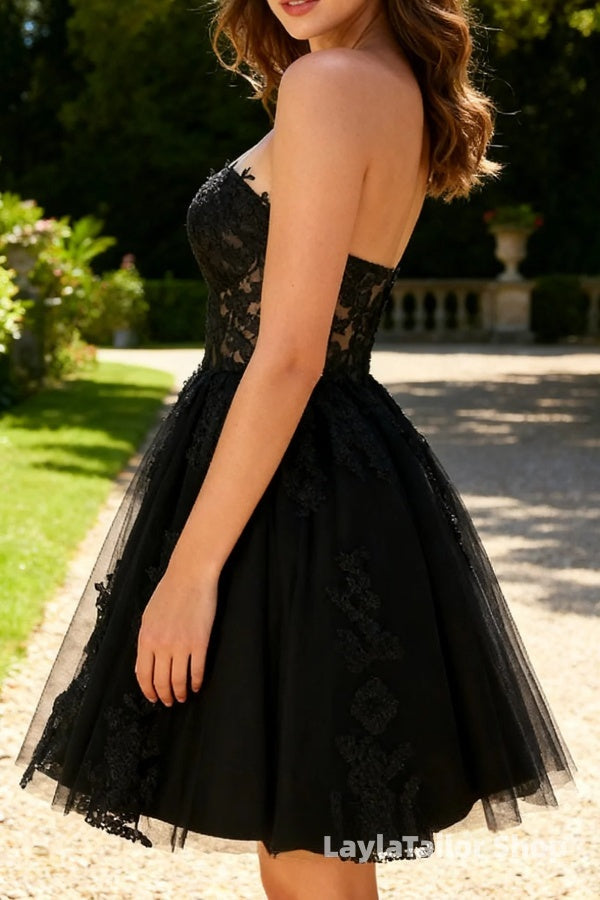 Black A Line Sweetheart Appliqued Sheer Corset Short Homecoming Dress