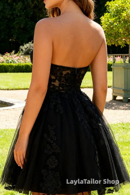 Black A Line Sweetheart Appliqued Sheer Corset Short Homecoming Dress
