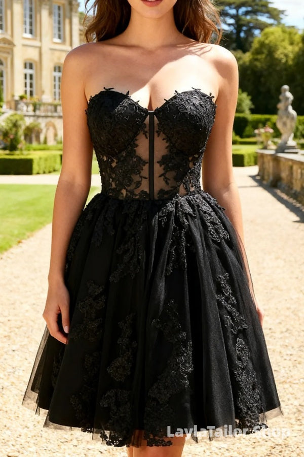 Black A Line Sweetheart Appliqued Sheer Corset Short Homecoming Dress