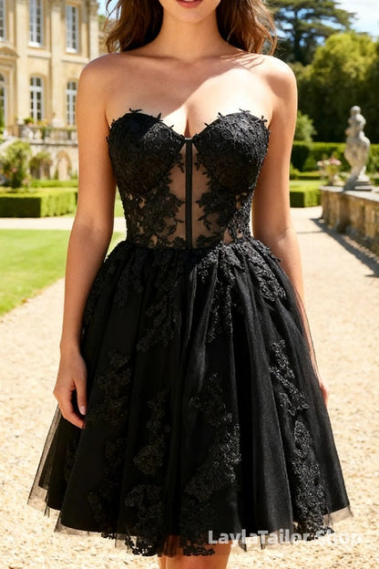 Black A Line Sweetheart Appliqued Sheer Corset Short Homecoming Dress