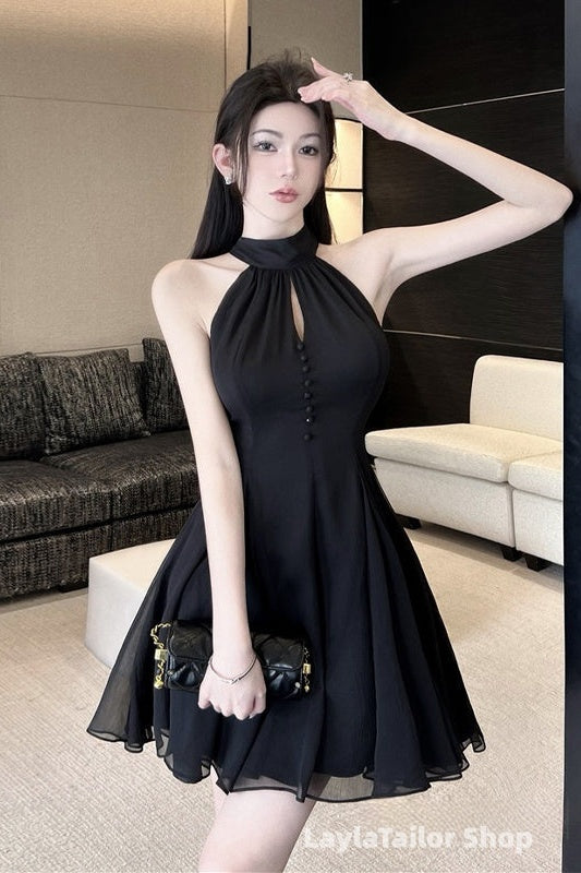 Black Halter Chiffon Short Homecoming Dress, Black Short Prom Dress