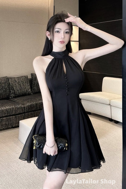 Black Halter Chiffon Short Homecoming Dress, Black Short Prom Dress