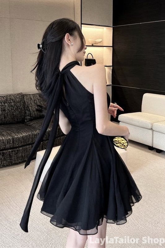 Black Halter Chiffon Short Homecoming Dress, Black Short Prom Dress