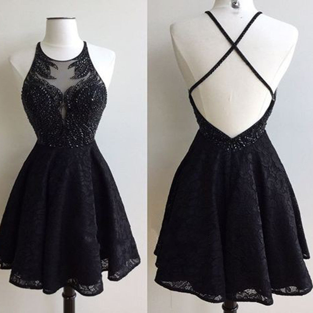 Black Lace Open Back Beaded Sexy Party homecoming prom dresses
