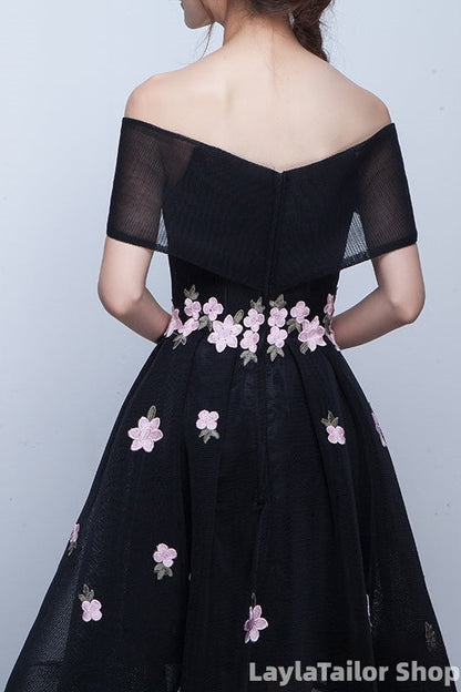 Black Off Shoulder High Low Party Dresses With Flower Lace, Black Short Homecoming Dresses