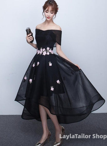 Black Off Shoulder High Low Party Dresses With Flower Lace, Black Short Homecoming Dresses